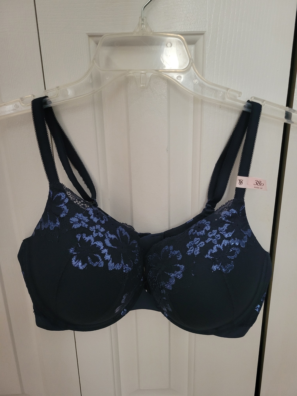 Victoria's Secret Navy Bra with Blue Floral Embroidery 38D NWT